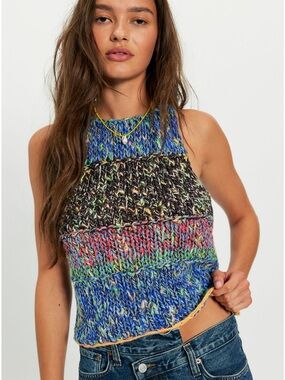 Free People Flea Market Knit Tank Multicolor Sleeveless Tank Top - Vibrant Blue